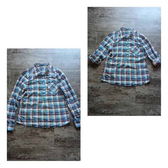 PRANA GINA Plaid 3/4 Placket Rolled Up Sleeves Shirt - Picture 2 of 6